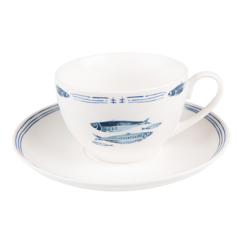 Clayre & Eef Cup and Saucer 250 ml White Blue Porcelain Fishes