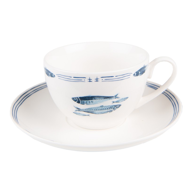 Clayre & Eef Tasse et soucoupe 250 ml Blanc Bleu Porcelaine Poissons