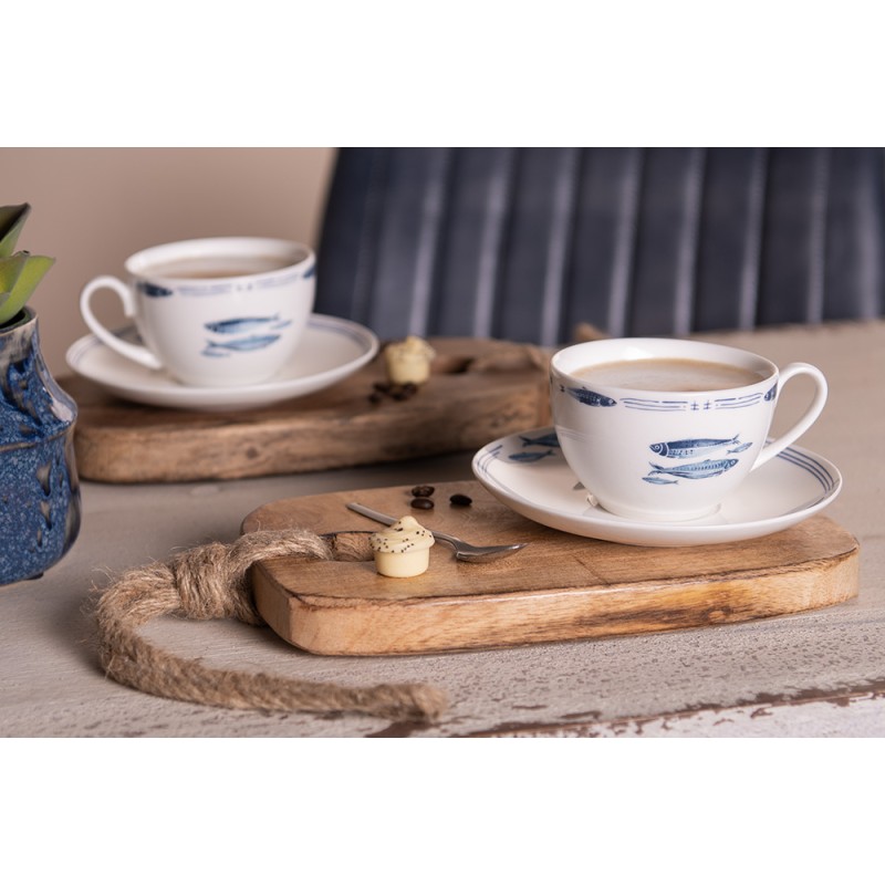 Clayre & Eef Tasse mit Untertasse 250 ml Weiß Blau Porzellan Fische