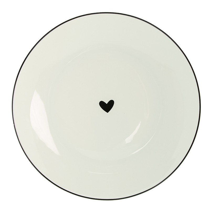 Clayre & Eef Assiette de petit déjeuner Ø 20 cm Blanc Noir Porcelaine Rond Coeurs