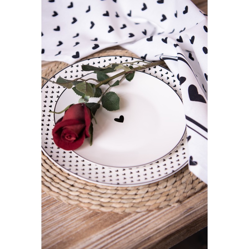 Clayre & Eef Assiette de petit déjeuner Ø 20 cm Blanc Noir Porcelaine Rond Coeurs