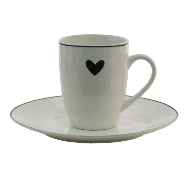 Clayre & Eef Assiette de petit déjeuner Ø 20 cm Blanc Noir Porcelaine Rond Coeurs