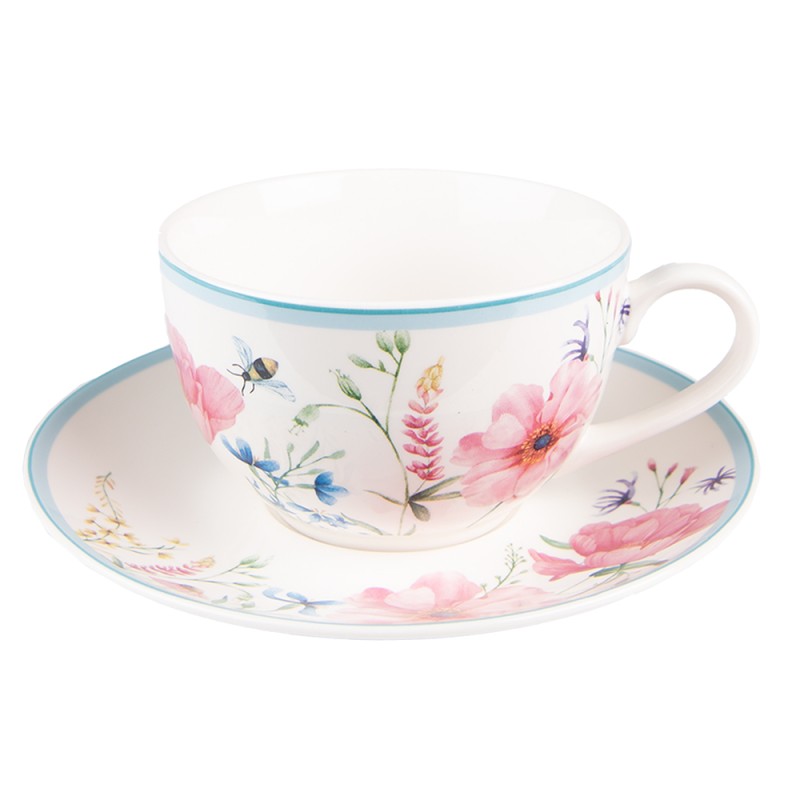 Clayre & Eef Cup and Saucer 230 ml White Pink Porcelain Flowers