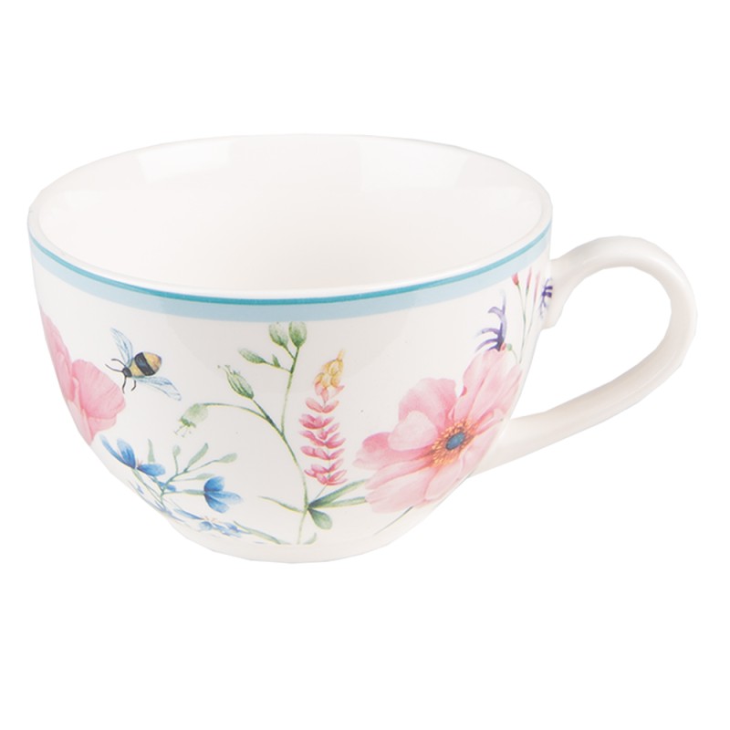 Clayre & Eef Tasse mit Untertasse 230 ml Weiß Rosa Porzellan Blumen