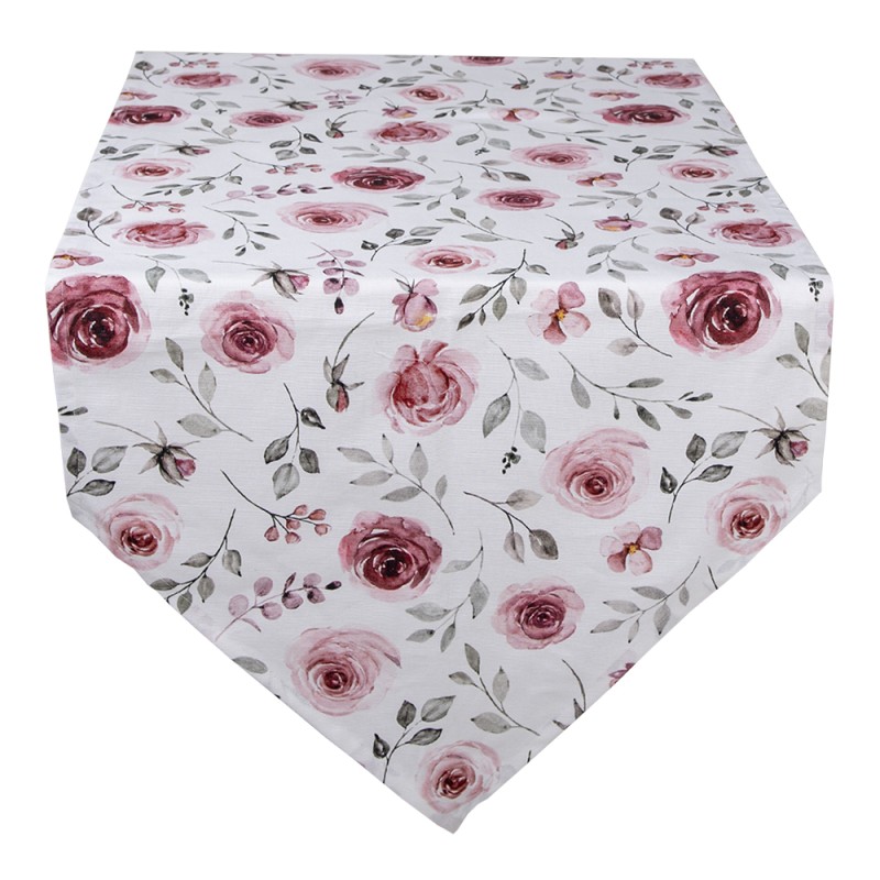 Clayre & Eef Chemin de table 50x160 cm Blanc Rose Coton Roses