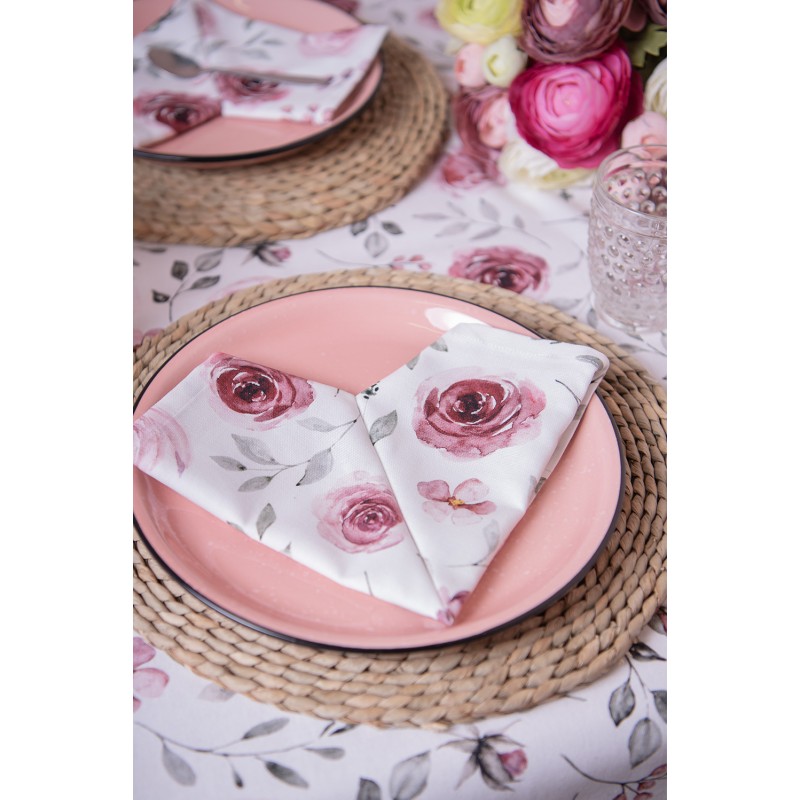 Clayre & Eef Table Runner 50x160 cm White Pink Cotton Roses