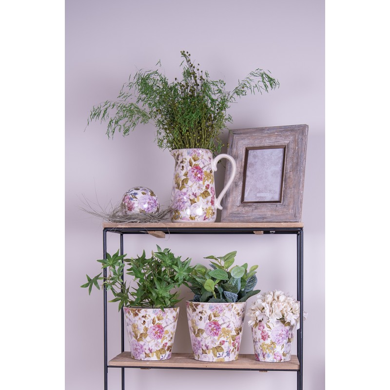 Clayre & Eef Decorative Pitcher 16x11x18 cm Pink Beige Ceramic Flowers