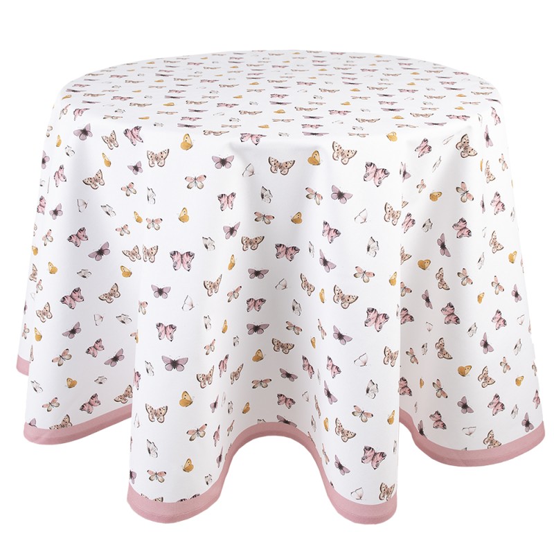 Clayre & Eef Tablecloth Ø 170 cm Beige Pink Cotton Round Butterflies