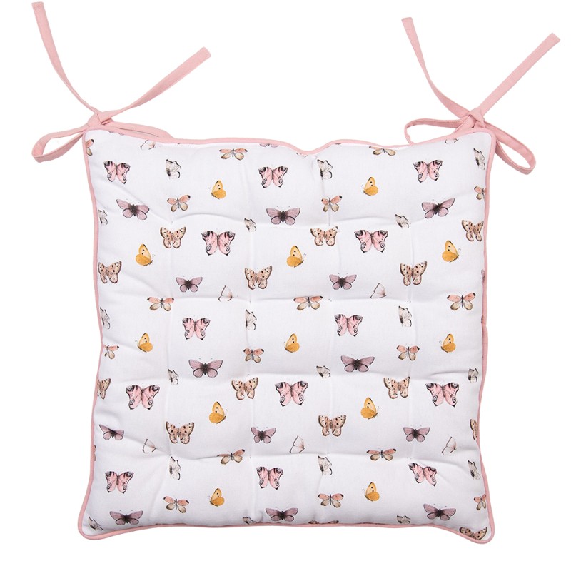 Clayre & Eef Coussin de chaise en mousse 40x40x4 cm Beige Rose Coton Papillons