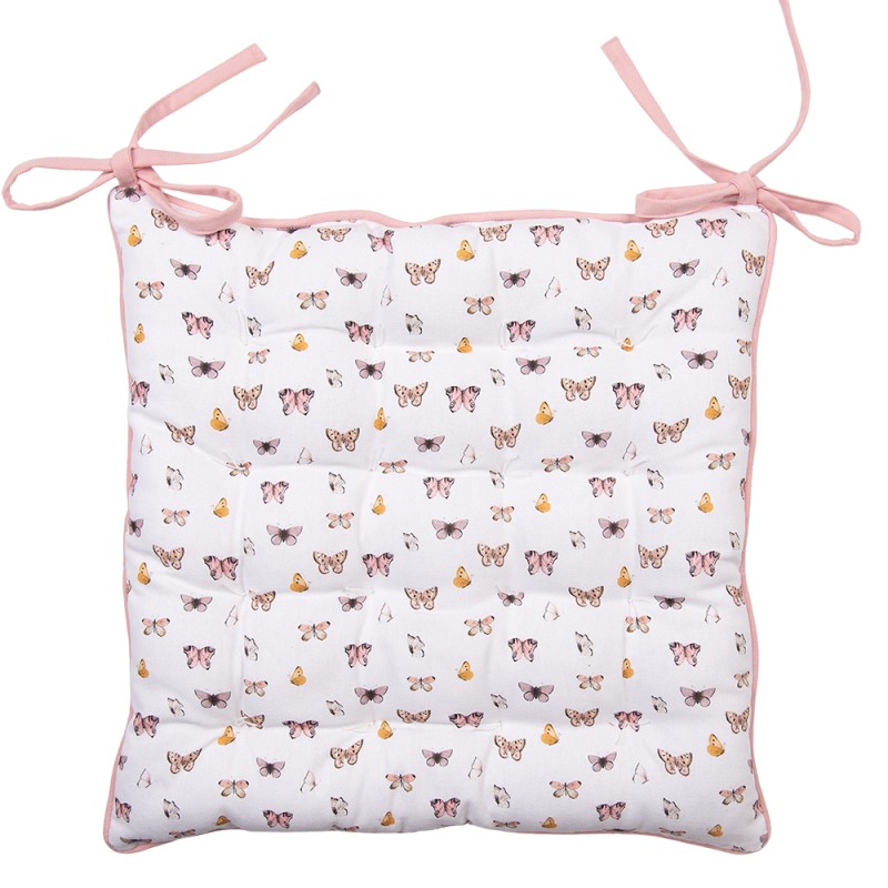 Clayre & Eef Chair Cushion Foam 40x40x4 cm Beige Pink Cotton Butterflies