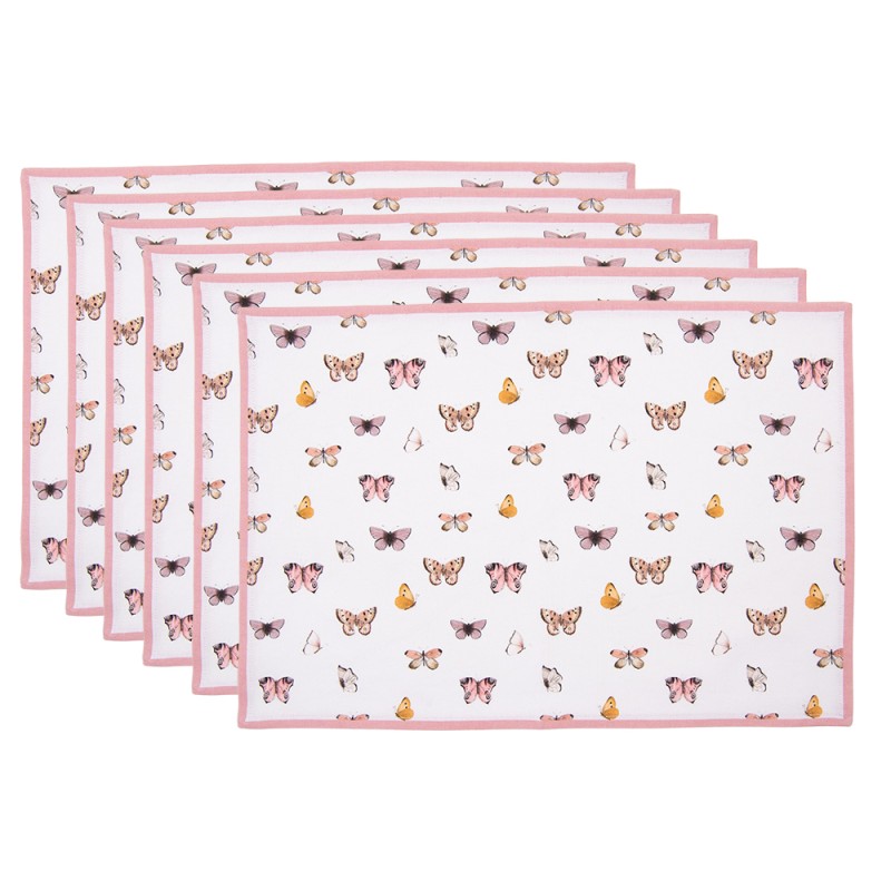 Clayre & Eef Placemats Set of 6 48x33 cm Beige Pink Cotton Butterflies