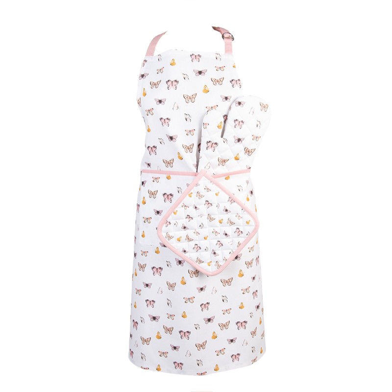 Clayre & Eef Kitchen Apron 70x85 cm Beige Pink Cotton Butterflies