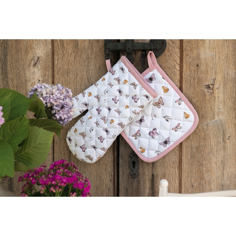 Clayre & Eef Ofenhandschuh 18x30 cm Beige Rosa Baumwolle Schmetterlinge