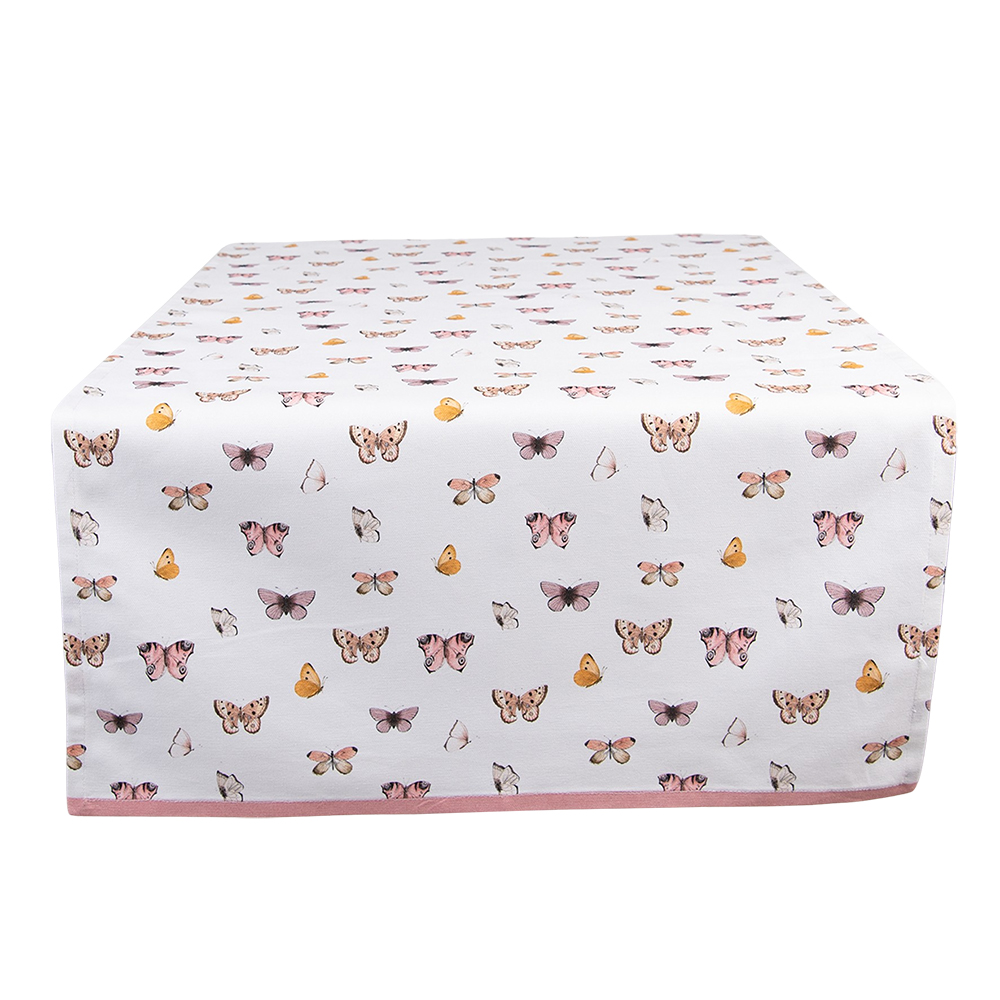 Clayre&Eef Tafelloper 50x140 cm Beige Roze Katoen Vlinders afbeelding