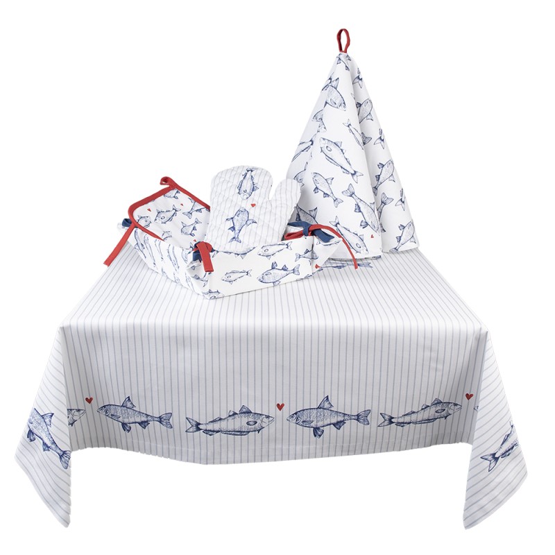 Clayre & Eef Nappe 150x250 cm Blanc Bleu Coton Rectangle Poissons