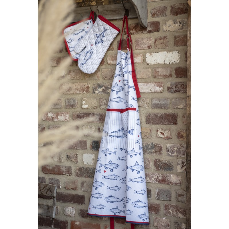 Clayre & Eef Kitchen Apron 70x85 cm White Blue Cotton Fishes