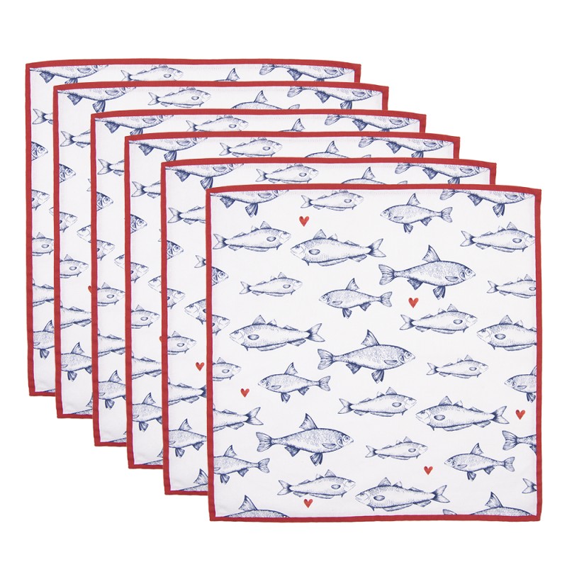 Clayre & Eef Christmas Napkins Set of 6 40x40 cm White Blue Cotton Square Fishes