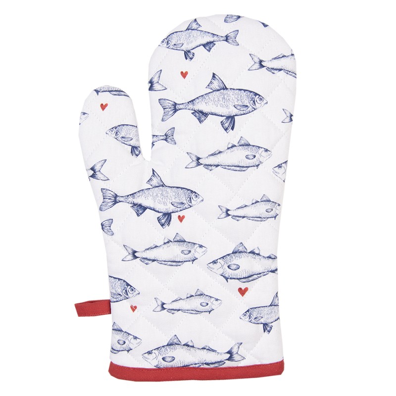 Clayre & Eef Oven Mitt 18x30 cm White Blue Cotton Fishes