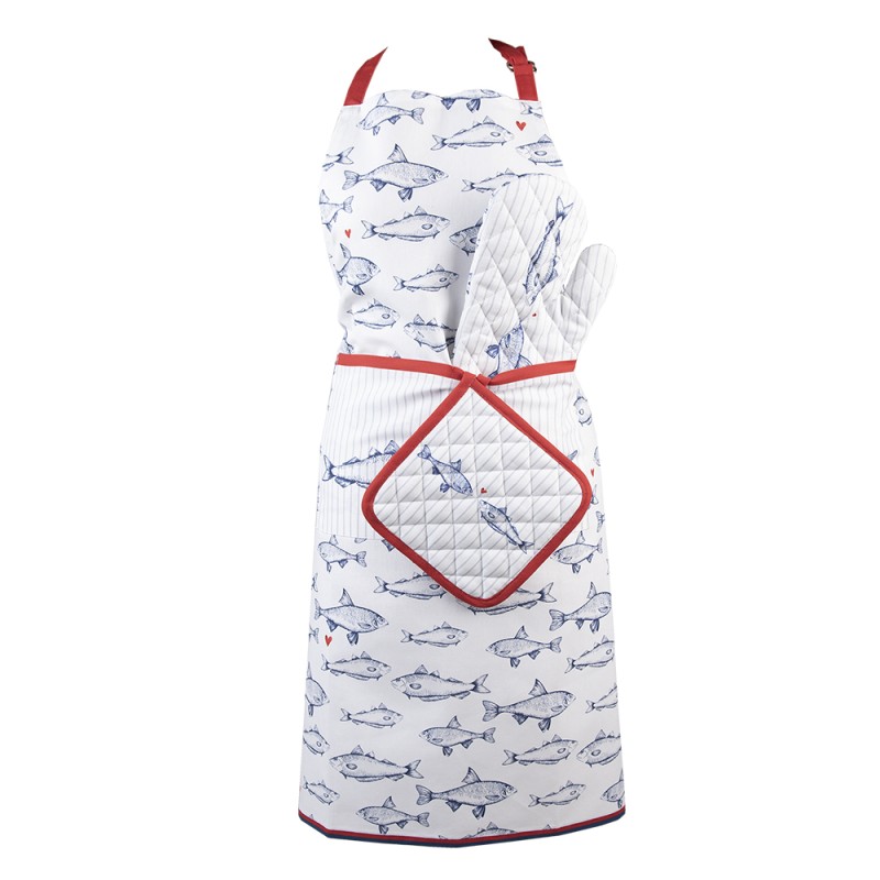 Clayre & Eef Oven Mitt 18x30 cm White Blue Cotton Fishes