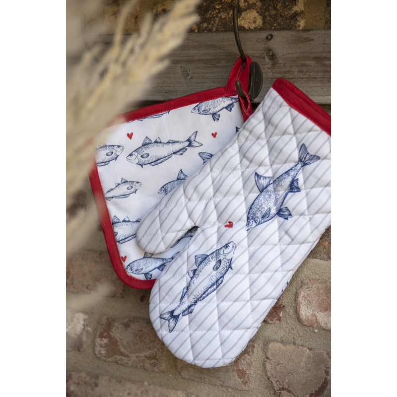 Clayre & Eef Oven Mitt 18x30 cm White Blue Cotton Fishes