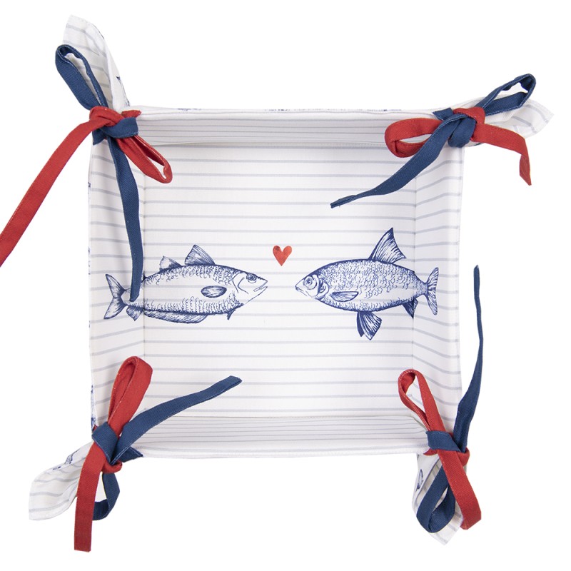 Clayre & Eef Corbeille à pain 35x35x8 cm Blanc Bleu Coton Carré Poissons