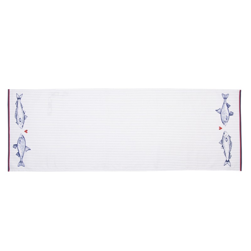 Clayre & Eef Chemin de table 50x140 cm Blanc Bleu Coton Rectangle Poissons