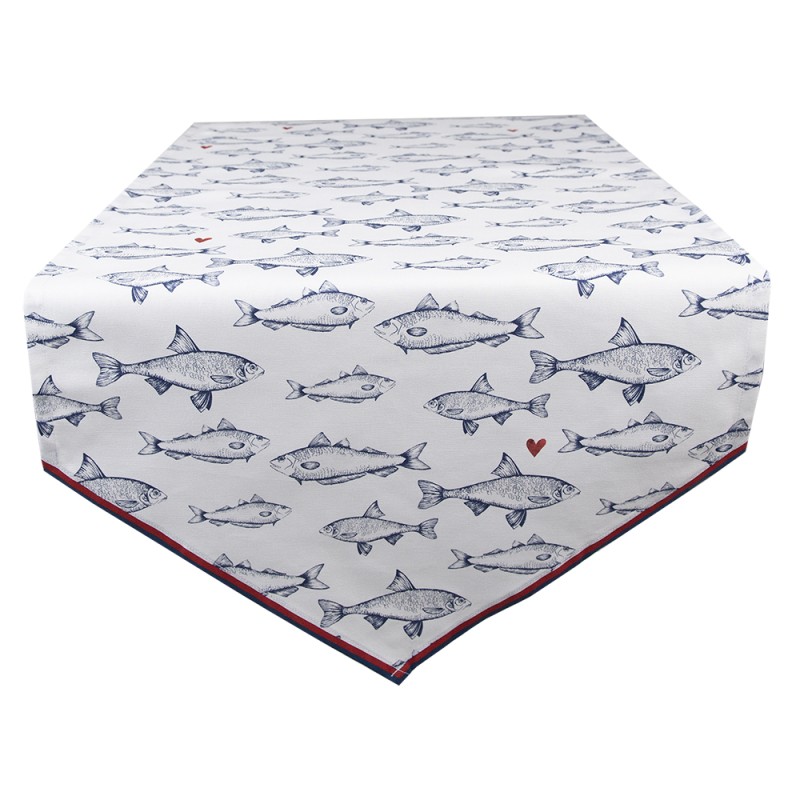 Clayre & Eef Table Runner 50x160 cm White Blue Cotton Fishes