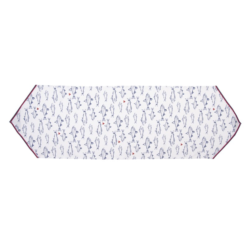 Clayre & Eef Table Runner 50x160 cm White Blue Cotton Fishes