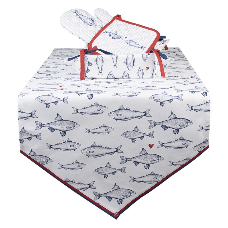 Clayre & Eef Table Runner 50x160 cm White Blue Cotton Fishes