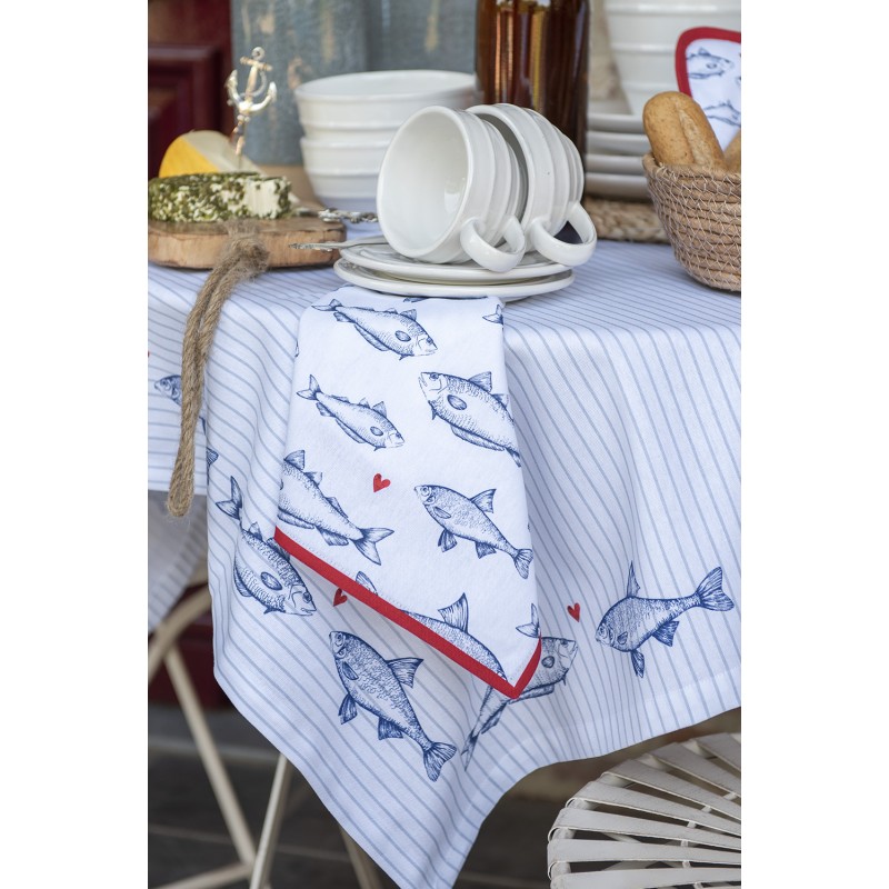 Clayre & Eef Table Runner 50x160 cm White Blue Cotton Fishes