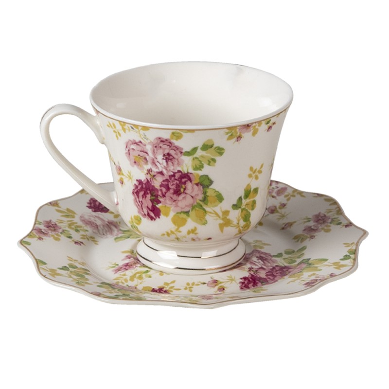 Clayre & Eef Cup and Saucer 200 ml White Porcelain Round Flowers