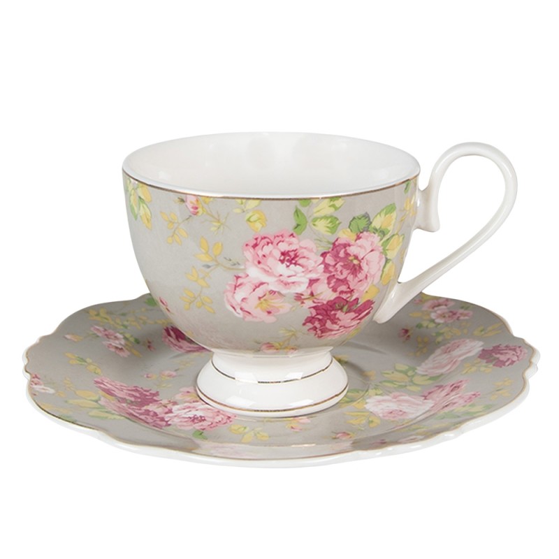 Clayre & Eef Cup and Saucer 200 ml Green White Porcelain Round Flowers