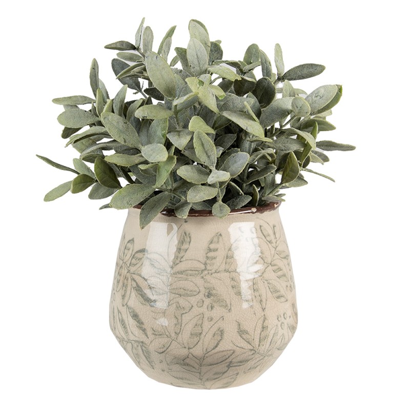 Clayre & Eef Pot de fleurs Ø 14x13 cm Vert Beige Céramique Feuilles