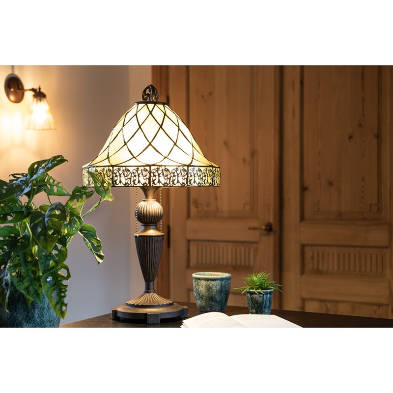 LumiLamp Lampe de table Tiffany Ø 36x62 cm  Beige, Marron Vitrail Triangle