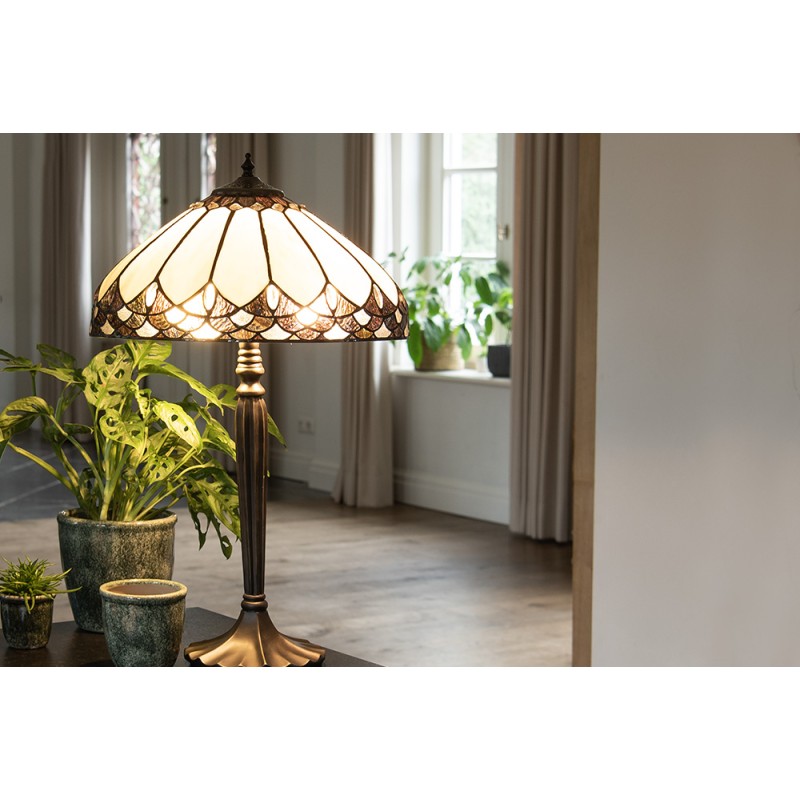 LumiLamp Lampe de table Tiffany Ø 39x63 cm Beige Marron Verre Plastique Rond