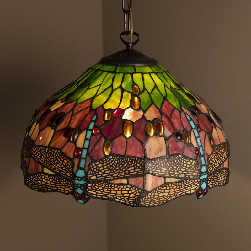 LumiLamp Lampshade Tiffany Ø 42x24 cm Red Green Glass Dragonfly