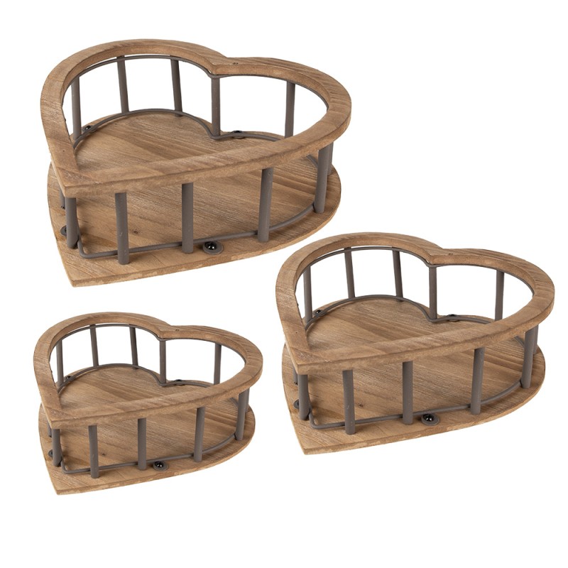 Clayre & Eef Storage Basket Set of 3 Heart 33x33x10 Brown Wood Metal Heart-Shaped