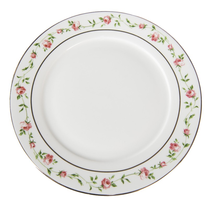 Clayre & Eef Assiette de petit déjeuner Ø 21 cm Blanc Rose Porcelaine Rond Fleurs