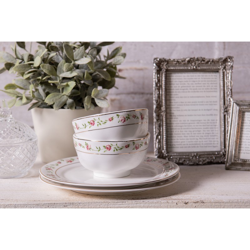 Clayre & Eef Assiette de petit déjeuner Ø 21 cm Blanc Rose Porcelaine Rond Fleurs