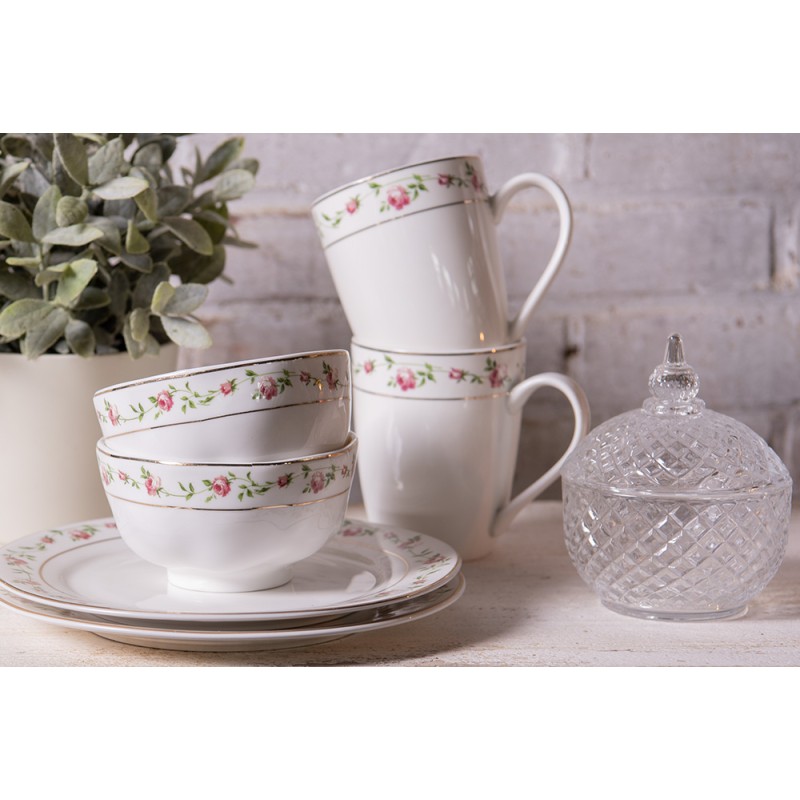 Clayre & Eef Assiette de petit déjeuner Ø 21 cm Blanc Rose Porcelaine Rond Fleurs