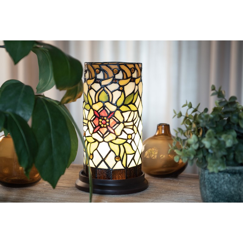 LumiLamp Lampe de table Tiffany Ø 15x26 cm  Vert Beige Verre Rond Fleur