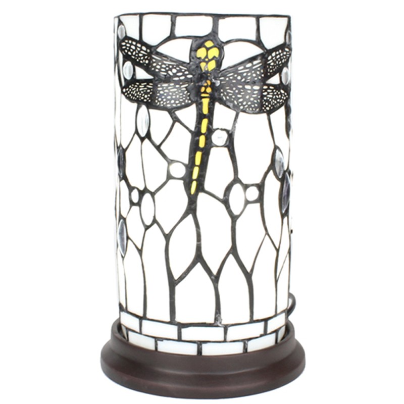 LumiLamp Lampe de table Tiffany Ø 15x26 cm  Blanc Gris Verre Plastique Rond Libellule