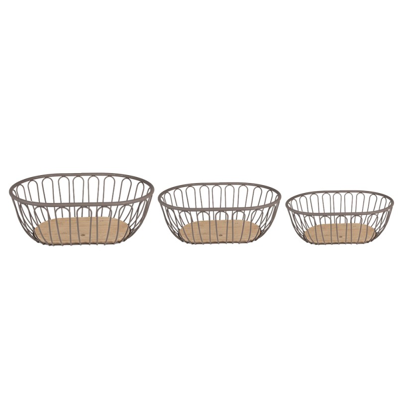 Clayre & Eef Opbergmand Set van 3  33x23x12 cm Grijs Bruin Ijzer Hout Ovaal