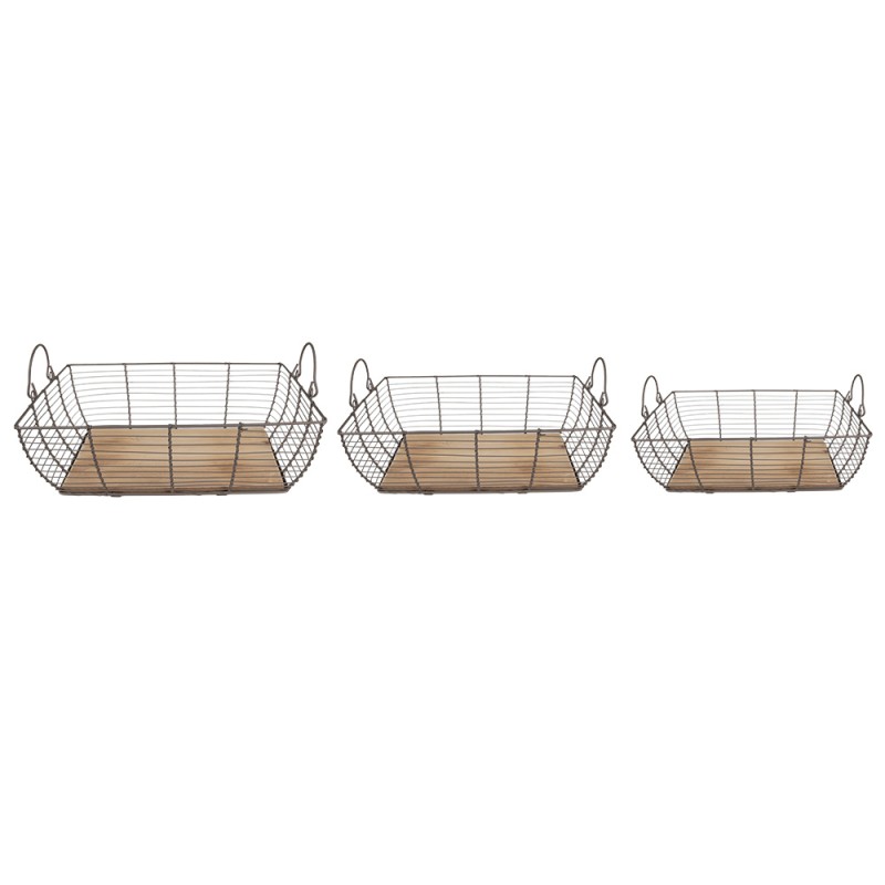 Clayre & Eef Storage Basket Set of 3 35x25x11 cm Grey Brown Iron Wood