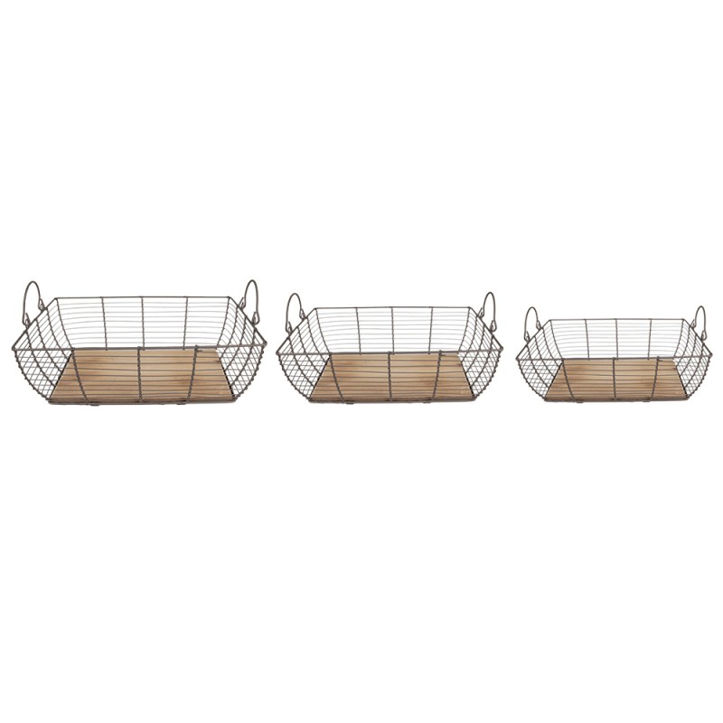 Clayre & Eef Panier de rangement set de 3 35x25x11 cm Gris Marron Fer Bois