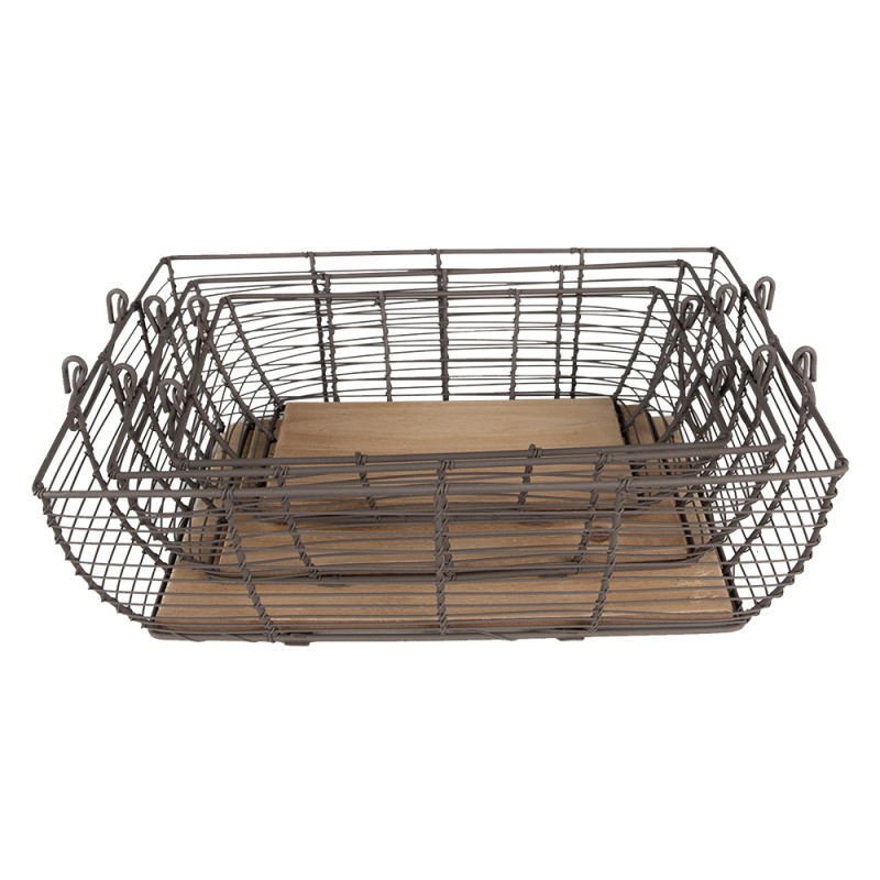 Clayre & Eef Storage Basket Set of 3 35x25x11 cm Grey Brown Iron Wood
