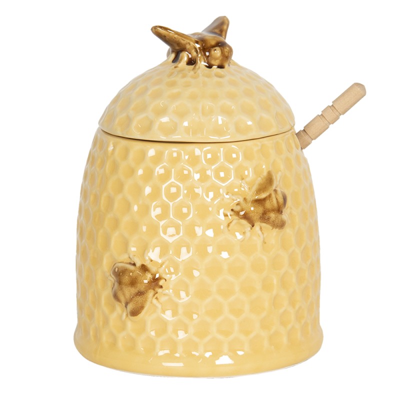 Clayre & Eef Pot à miel avec cuillère Ø 11x14 cm Jaune Céramique Rond Abeilles