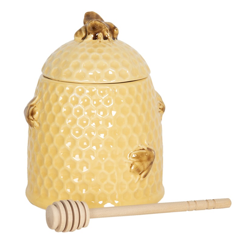 Clayre & Eef Pot à miel avec cuillère Ø 11x14 cm Jaune Céramique Rond Abeilles