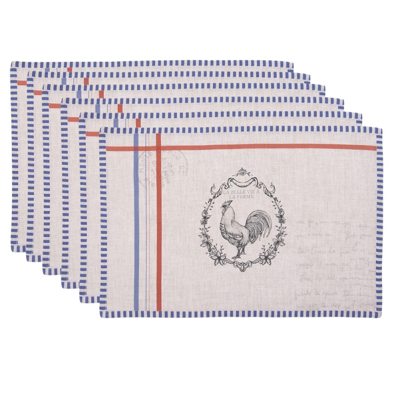 Clayre & Eef Placemats Set of 6 48x33 cm Beige Cotton Rooster