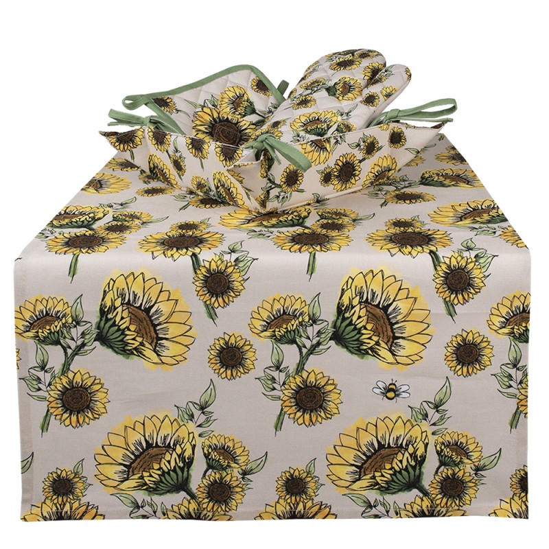 Clayre & Eef Table Runner 50x140 cm Beige Yellow Cotton Sunflowers